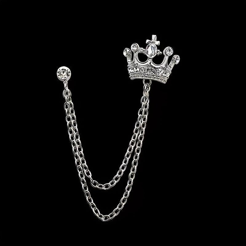 Men's Rhinestone Crown Tassel Chain Brooch Pin