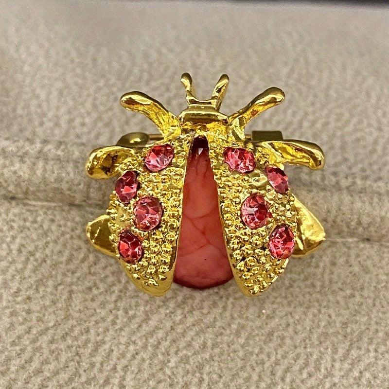 Golden Tone Rhinestones Ladybug Brooch Pin