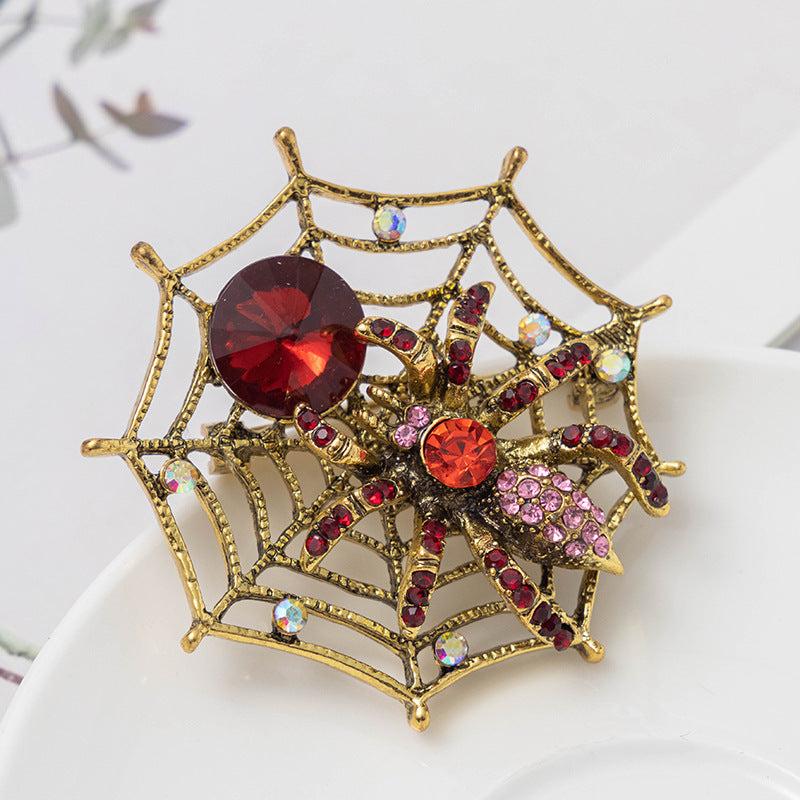 Retro Spider Web Spider Rhinestone Necklace Brooch Dual purpose Insect Brooch