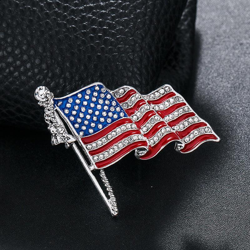 US Flag Brooch with Rhinestone Oil Painting Pin