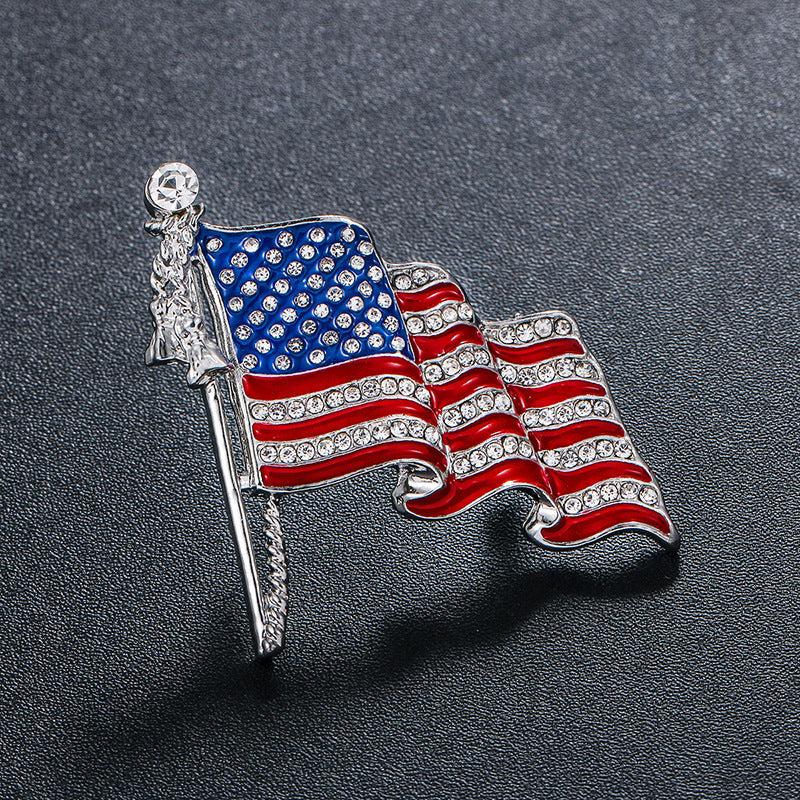 US Flag Brooch with Rhinestone Oil Painting Pin