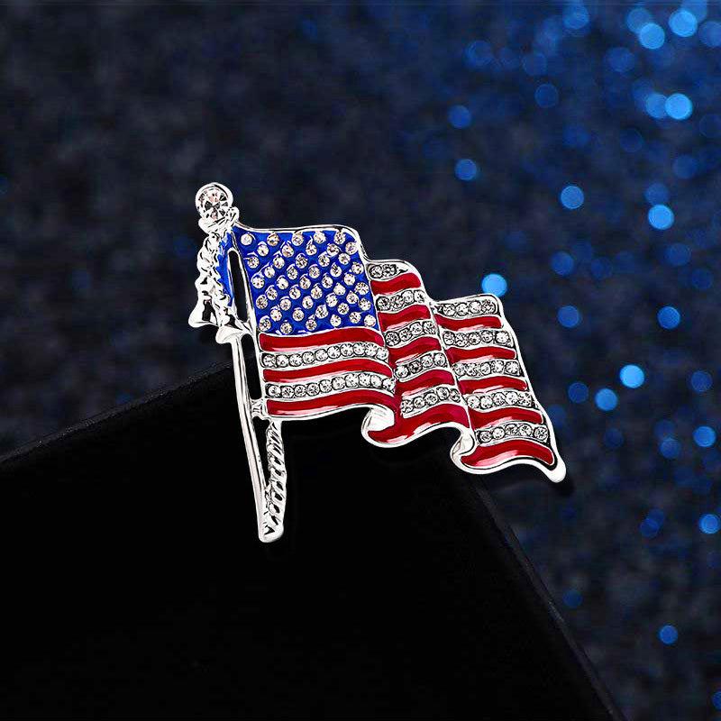 US Flag Brooch with Rhinestone Oil Painting Pin