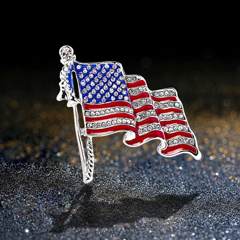 US Flag Brooch with Rhinestone Oil Painting Pin