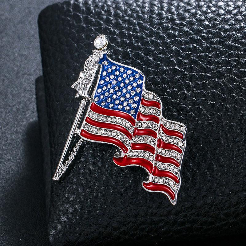 US Flag Brooch with Rhinestone Oil Painting Pin