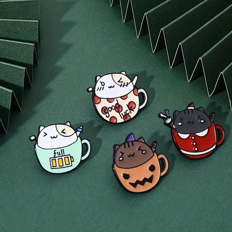 2pcs Cat & Coffee Cup Brooch Collar Pin Backpack Accessory
