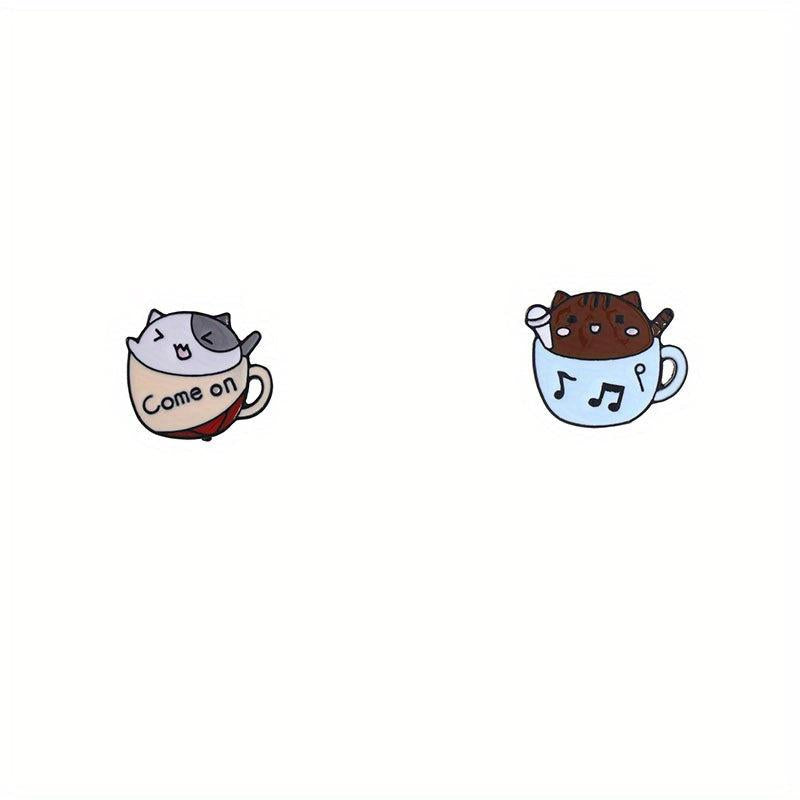 2pcs Cat & Coffee Cup Brooch Collar Pin Backpack Accessory