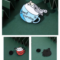 2pcs Cat & Coffee Cup Brooch Collar Pin Backpack Accessory