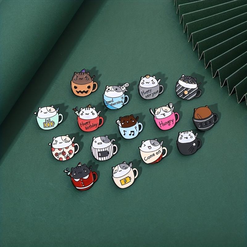 2pcs Cat & Coffee Cup Brooch Collar Pin Backpack Accessory