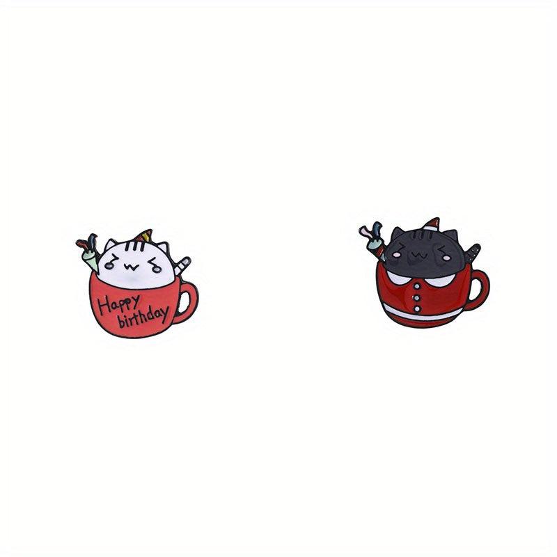2pcs Cat & Coffee Cup Brooch Collar Pin Backpack Accessory