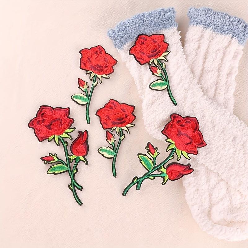 5pcs Rose Flower Iron On Patches Sew On Embroidered Applique