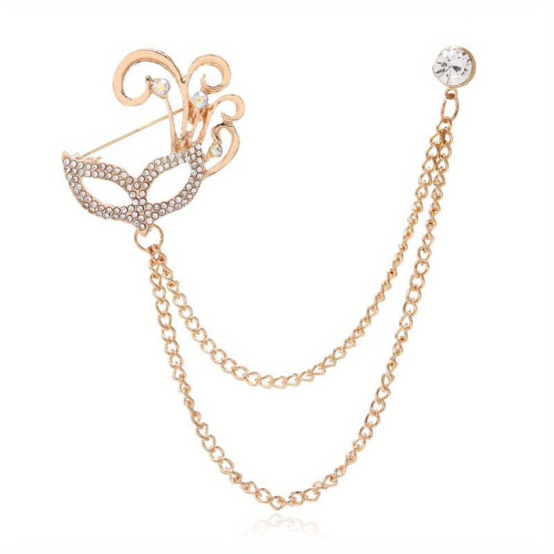 Fox Mask Brooch Crystal Tassel Chain Lapel Pins Suit Accessories