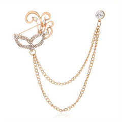 Fox Mask Brooch Crystal Tassel Chain Lapel Pins Suit Accessories