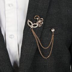 Fox Mask Brooch Crystal Tassel Chain Lapel Pins Suit Accessories