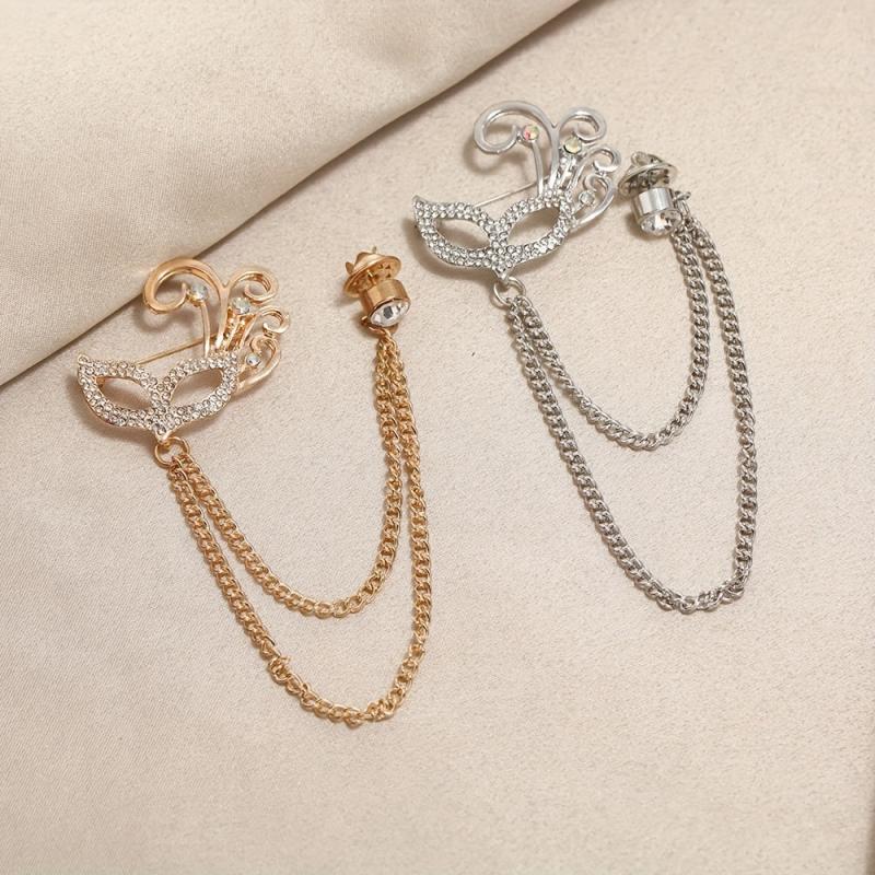 Fox Mask Brooch Crystal Tassel Chain Lapel Pins Suit Accessories