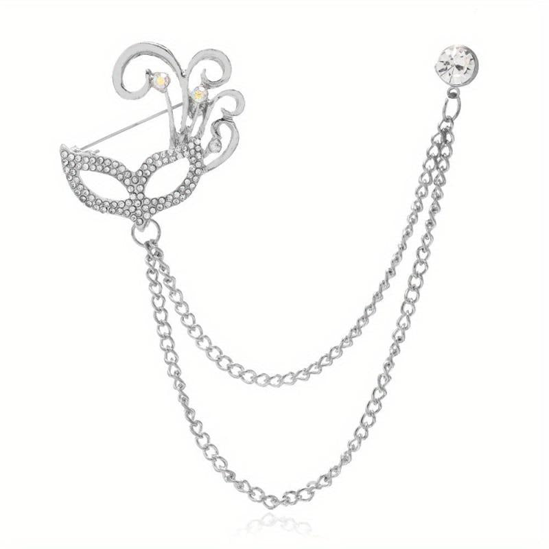 Fox Mask Brooch Crystal Tassel Chain Lapel Pins Suit Accessories