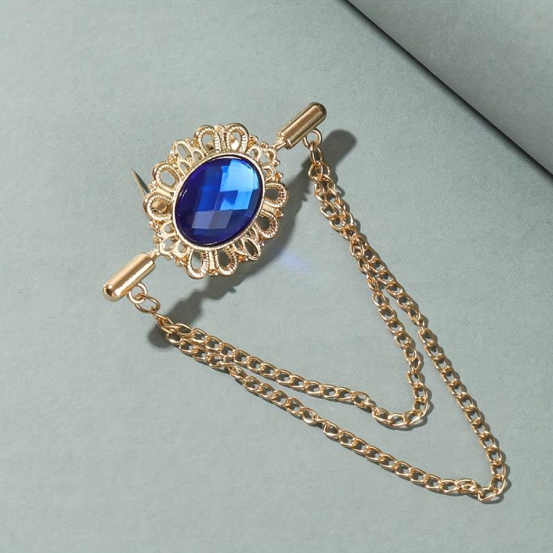 Sapphire Brooch Chain Collar Pin Jewelry Set