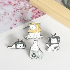 Cat Bear Head TV Box Enamel Pins Funny Animals Brooch