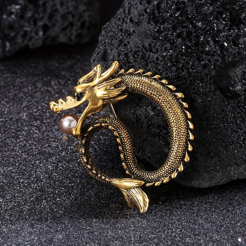 Dragon Pearl Brooch Vintage Collar Pin For Men