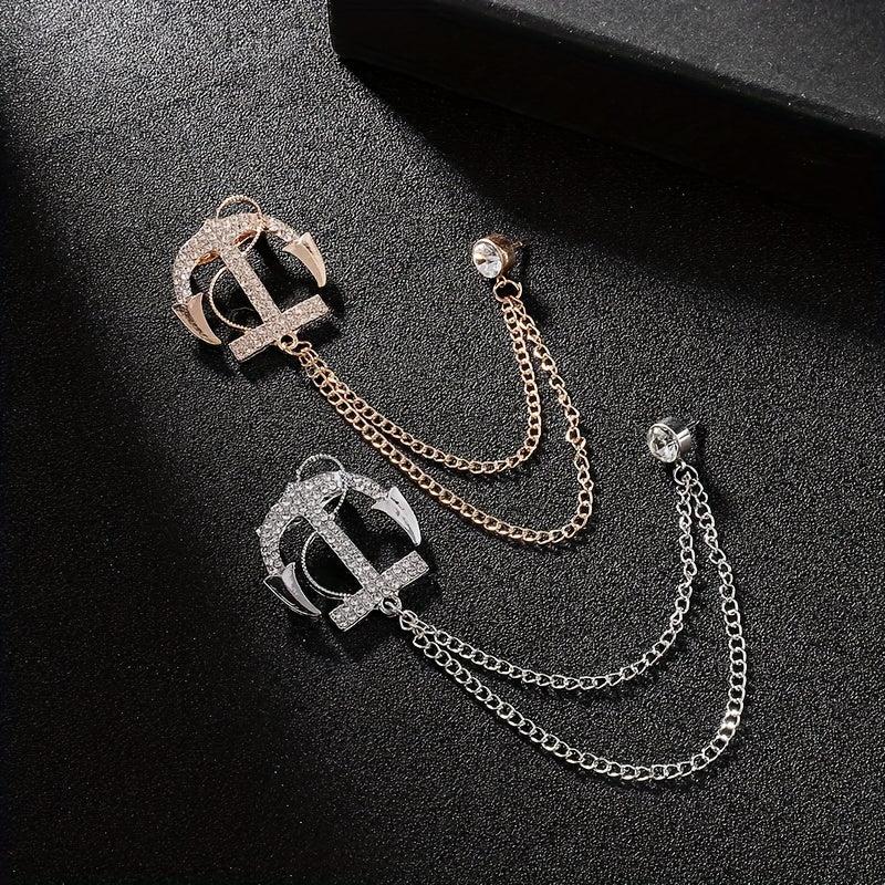 Men's Navy Artificial Diamond Anchor Brooch Coat Pin