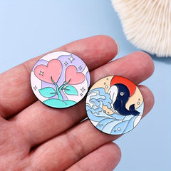 Round Geometric Dolphin Enamel Brooch Rainbow Beach Wave Pin