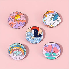 Round Geometric Dolphin Enamel Brooch Rainbow Beach Wave Pin