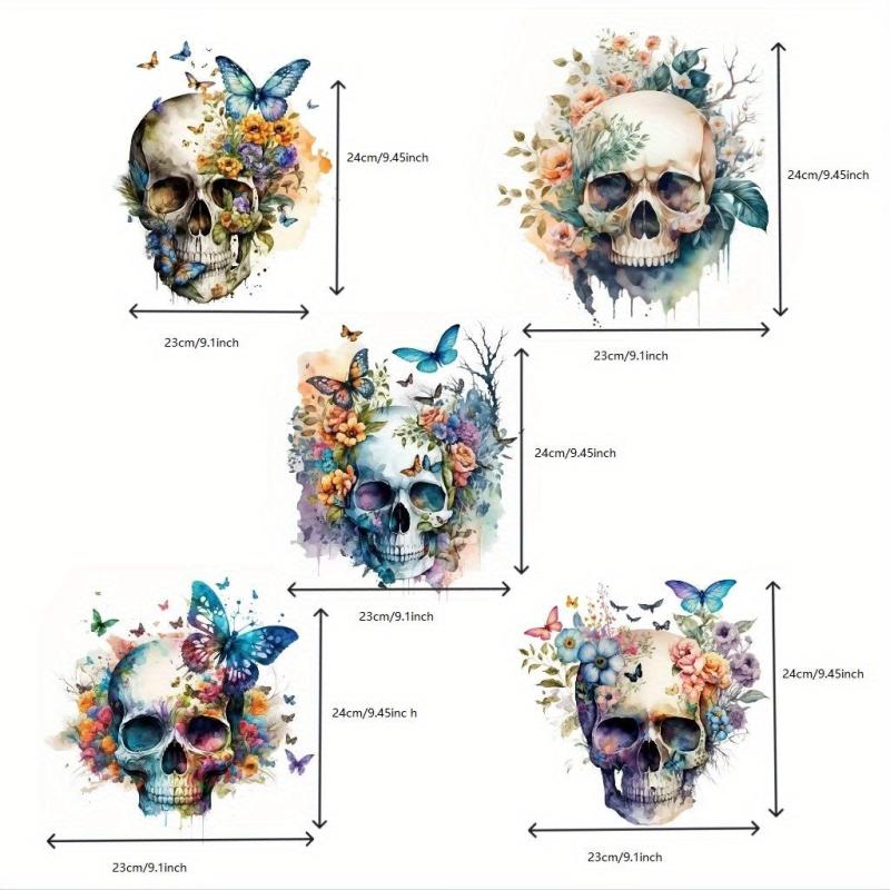 5pcs Iron-On Heat Transfer Stickers For Men Flower Skull Vinyl Decals