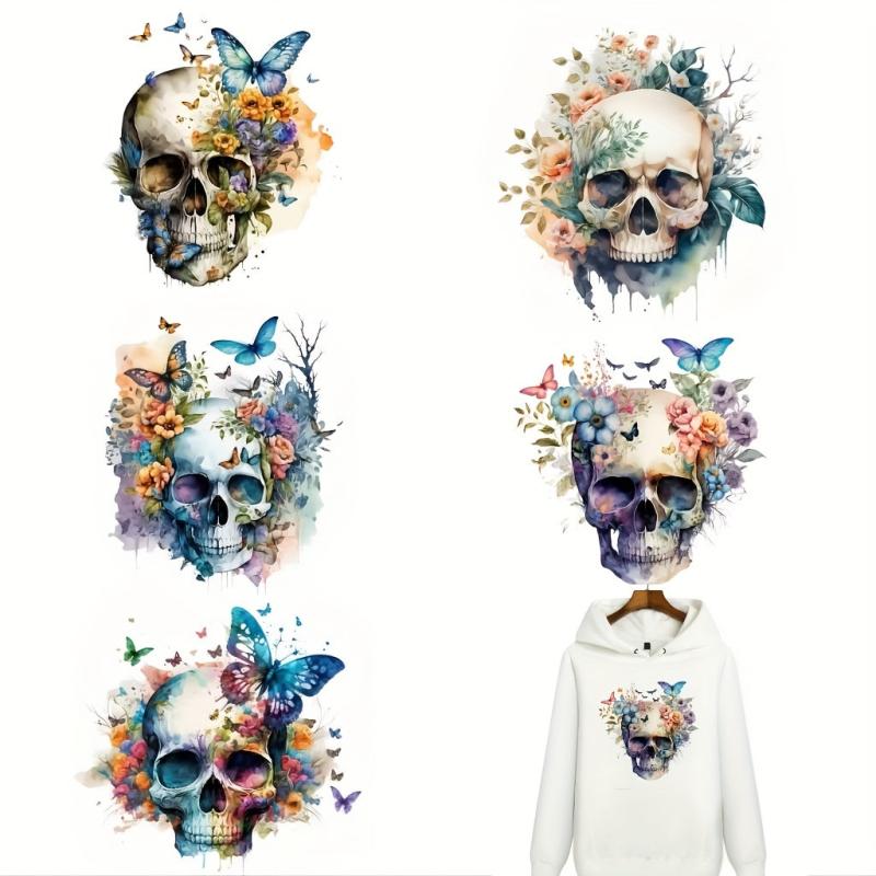 5pcs Iron-On Heat Transfer Stickers For Men Flower Skull Vinyl Decals