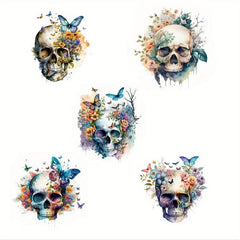 5pcs Iron-On Heat Transfer Stickers For Men Flower Skull Vinyl Decals