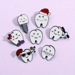 7pcs Love Tooth Care Funny Expression Christmas Hat Brooch Holiday Gift