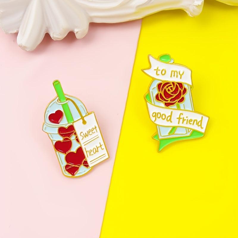 Red Heart Milk Tea Cup Rose Glass Bottle Brooch