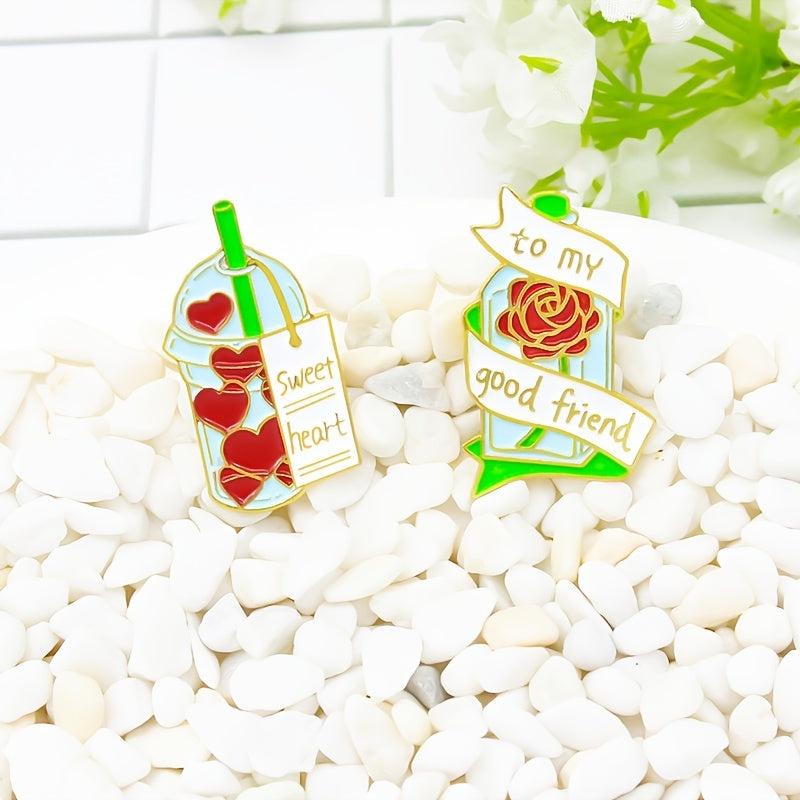 Red Heart Milk Tea Cup Rose Glass Bottle Brooch