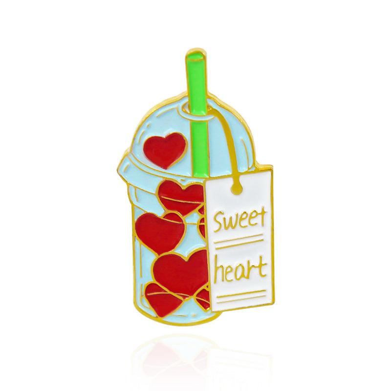 Red Heart Milk Tea Cup Rose Glass Bottle Brooch