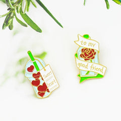 Red Heart Milk Tea Cup Rose Glass Bottle Brooch