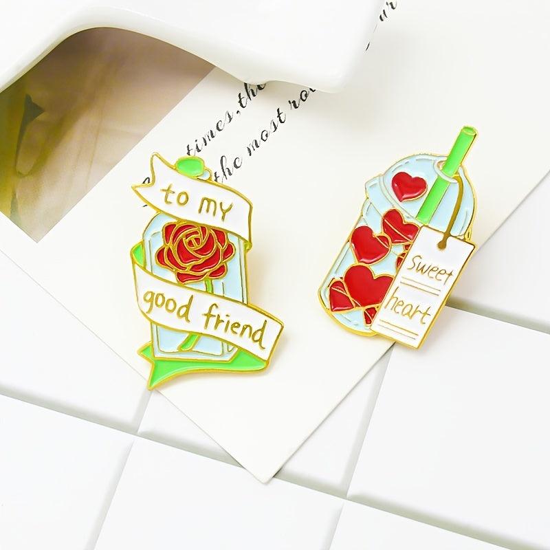 Red Heart Milk Tea Cup Rose Glass Bottle Brooch