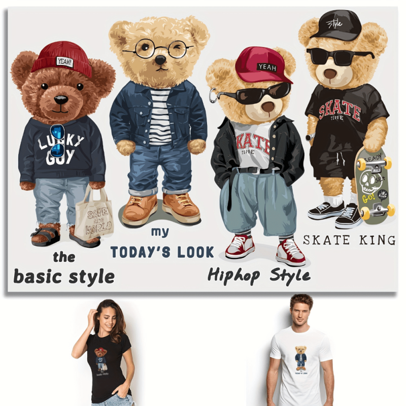 4pcs Bear Iron Stickers For Men T Shirt Jeans Backpack Hat