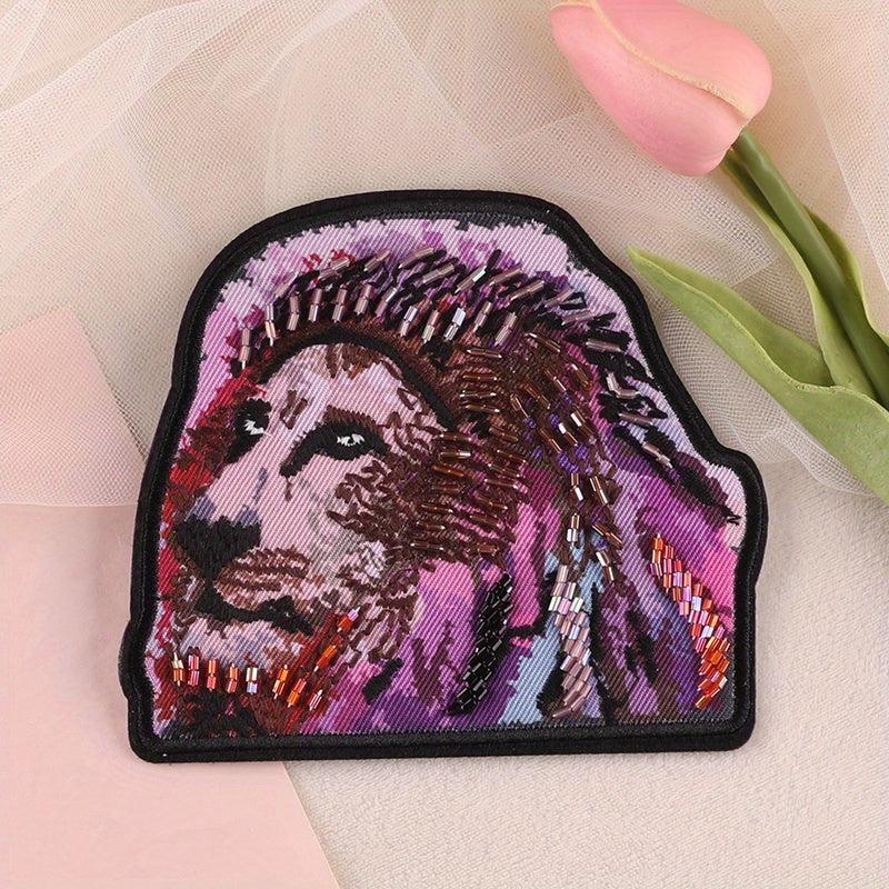 Bead Animal Lion Embroidery Patch Iron on Cloth Sticker