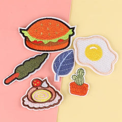 6pcs Hamburger Leaf Egg Cake Embroidery Patches Fabric Art Decor DIY Clothes Acc
