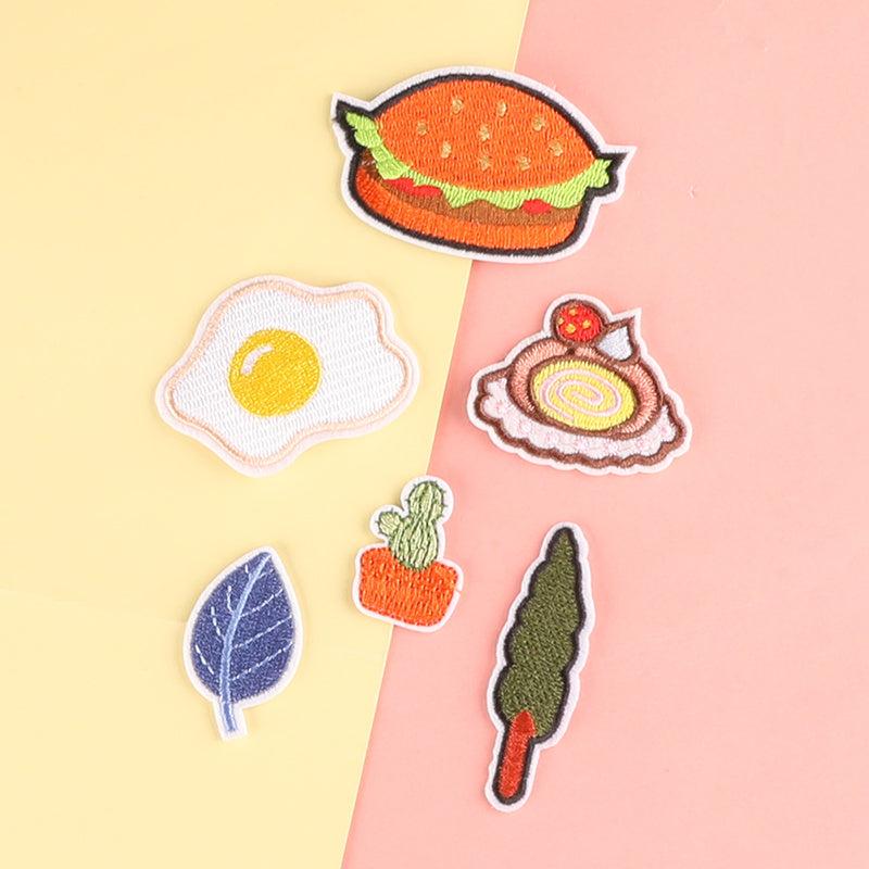 6pcs Hamburger Leaf Egg Cake Embroidery Patches Fabric Art Decor DIY Clothes Acc