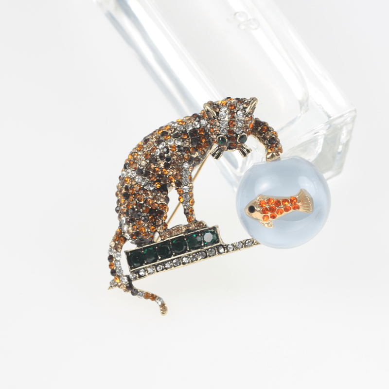 Large Rhinestone Cat Fish Brooch Vintage Chinoiserie Animal Unisex Pin