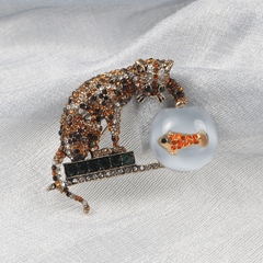 Large Rhinestone Cat Fish Brooch Vintage Chinoiserie Animal Unisex Pin