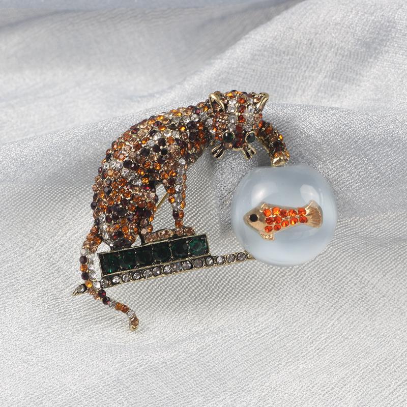 Large Rhinestone Cat Fish Brooch Vintage Chinoiserie Animal Unisex Pin
