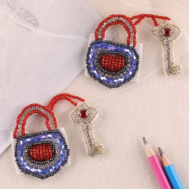 2pcs Bead Lock Key Embroidery Patches DIY No Back Glue Hand Sewing Cloth Sticker