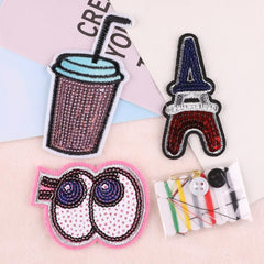 Sequin Embroidered Patches Set with Sewing Kit - DIY Cloth Stick