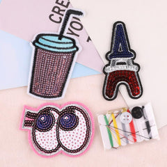 Sequin Embroidered Patches Set with Sewing Kit - DIY Cloth Stick