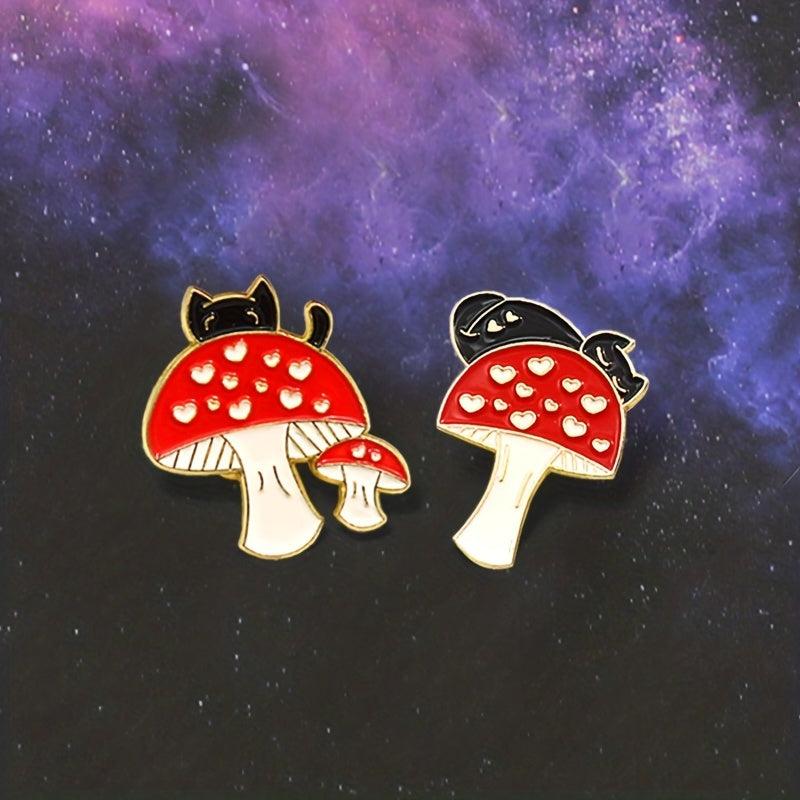 Cat Red Heart Mushroom Brooch