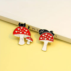 Cat Red Heart Mushroom Brooch
