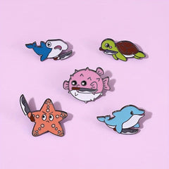 Ocean Enamel Pins Dolphin Puffer Fish Turtle Shark Starfish Brooch