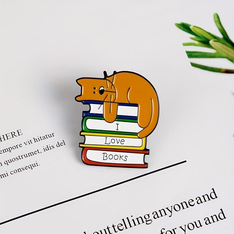 Men's I LOVE BOOK Brooch With Sleeping Kitten On Book