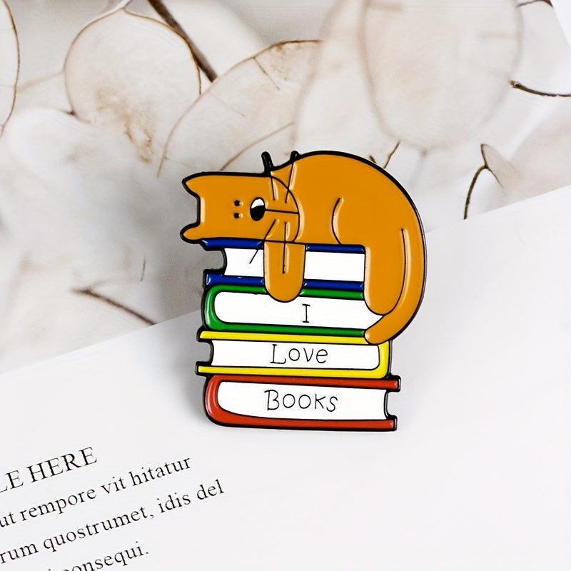 Men's I LOVE BOOK Brooch With Sleeping Kitten On Book