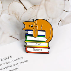 Men's I LOVE BOOK Brooch With Sleeping Kitten On Book